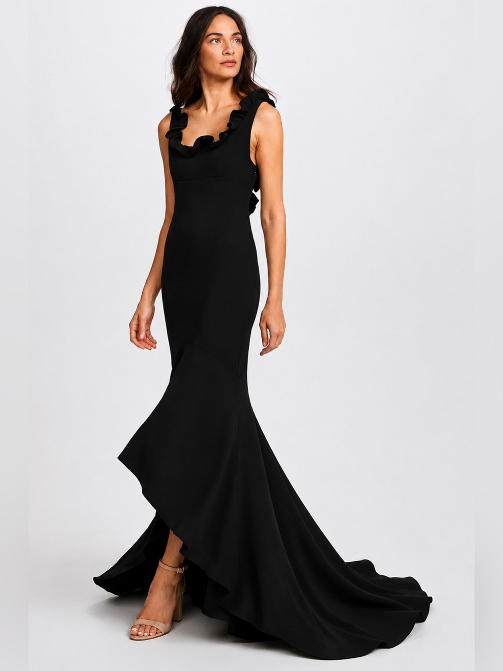 Cinq à Sept Tatiana Ruffle High Low Gown • Size 6 • Black NEW Pristine Sold Out